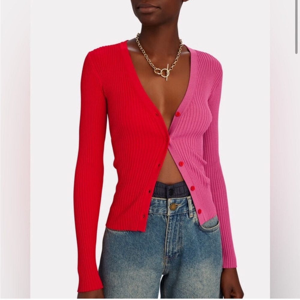 STAUD Red and Pink Colorblock Metallic Cargo Cardigan Sweater